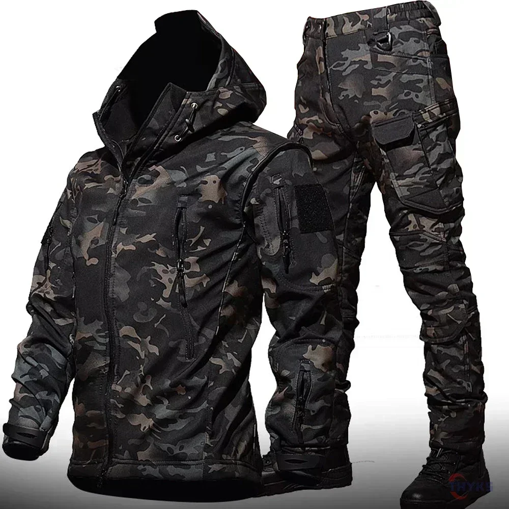 Fishing Jacket Waterproof - 6XL TAD 戦術男性狩猟ハイキング釣り探検服スーツ迷彩サメ皮狩猟防水フード付きジャケット + パンツ