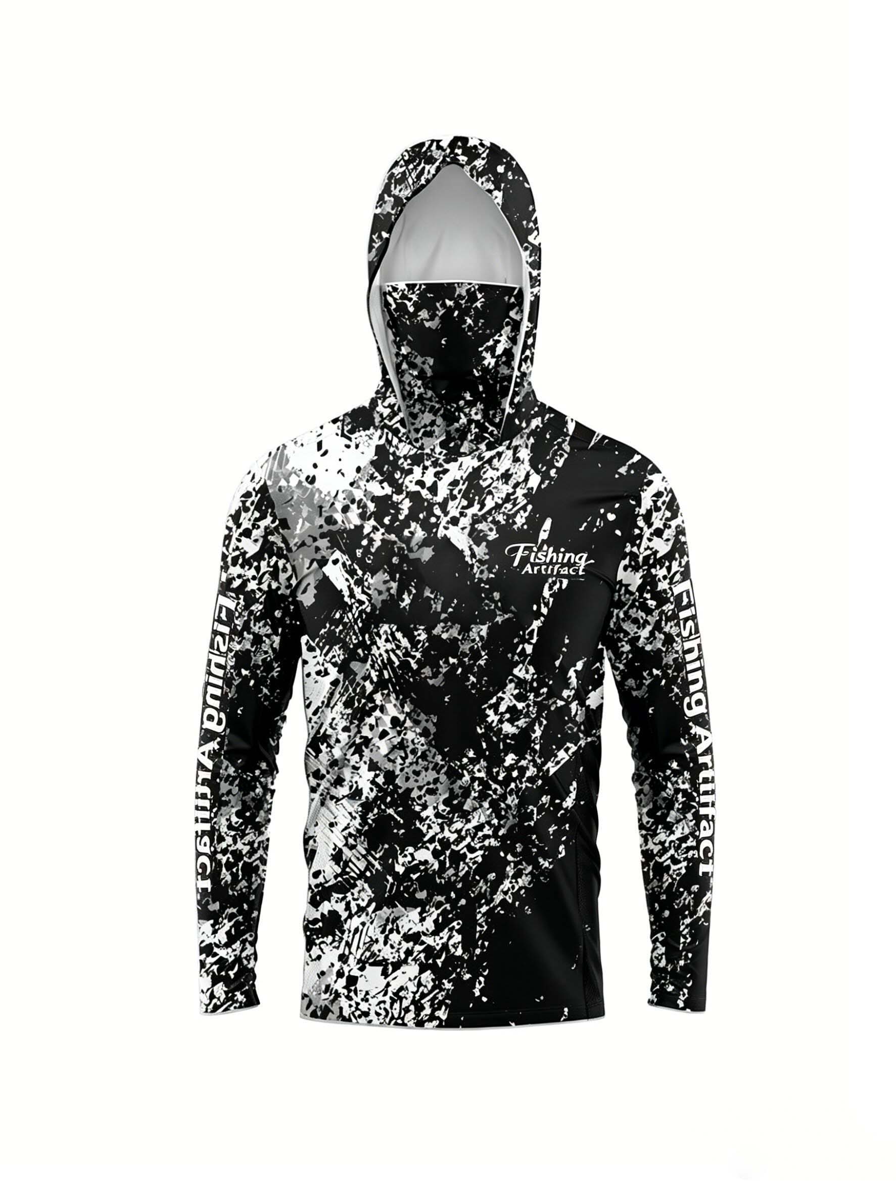 Fishing Hoodie - メンズ 夏用 3Dプリント フィッシングフーディー フェイスマスク付き ブラックホワイト