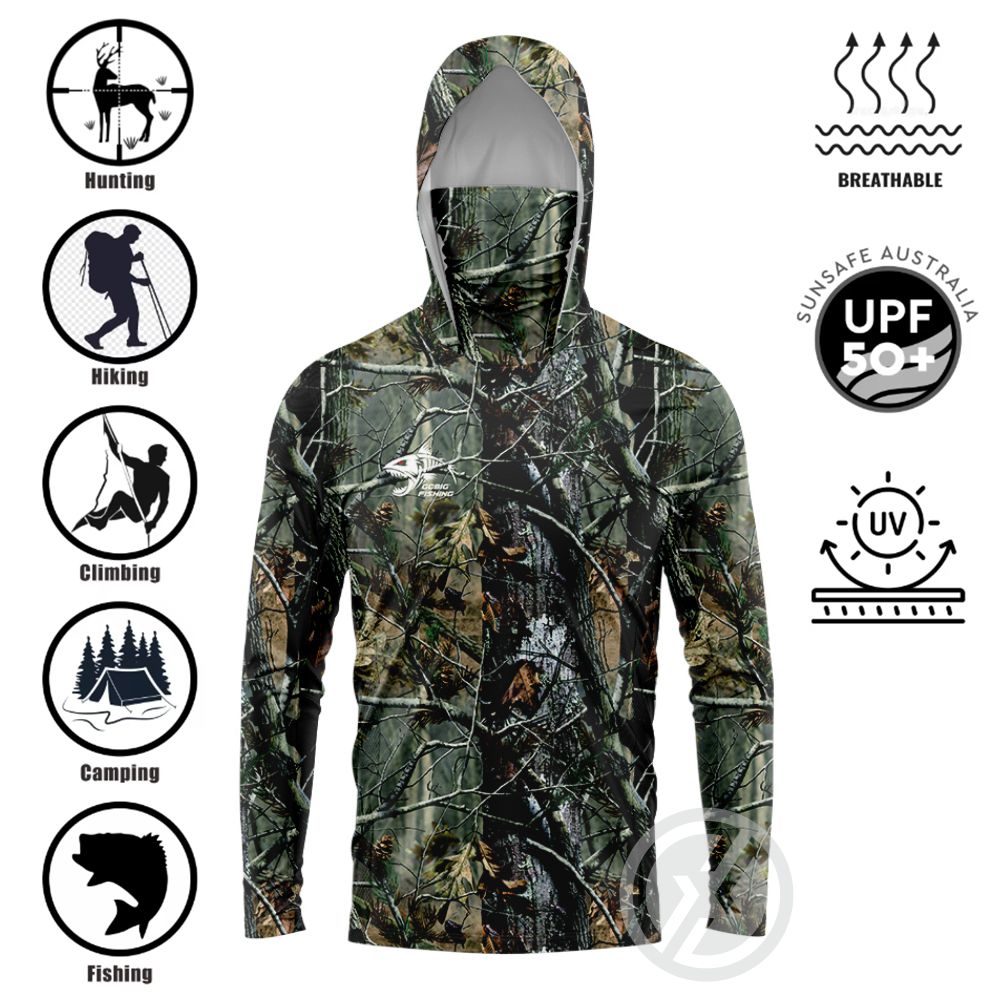 Fishing Hoodie - UPF50+ フード付きフィッシングシャツ 内蔵フェイスゲイター 3Dプリント ユニセックス シャークフィッシュ柄
