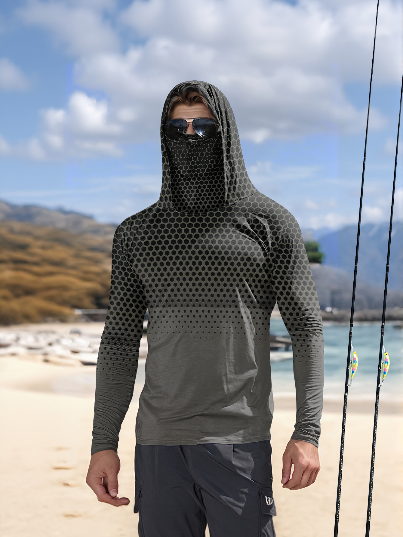 メンズサマーUPF50+フィッシングフーディー、フェイスマス - Fishing Hoodie のレビューと価格